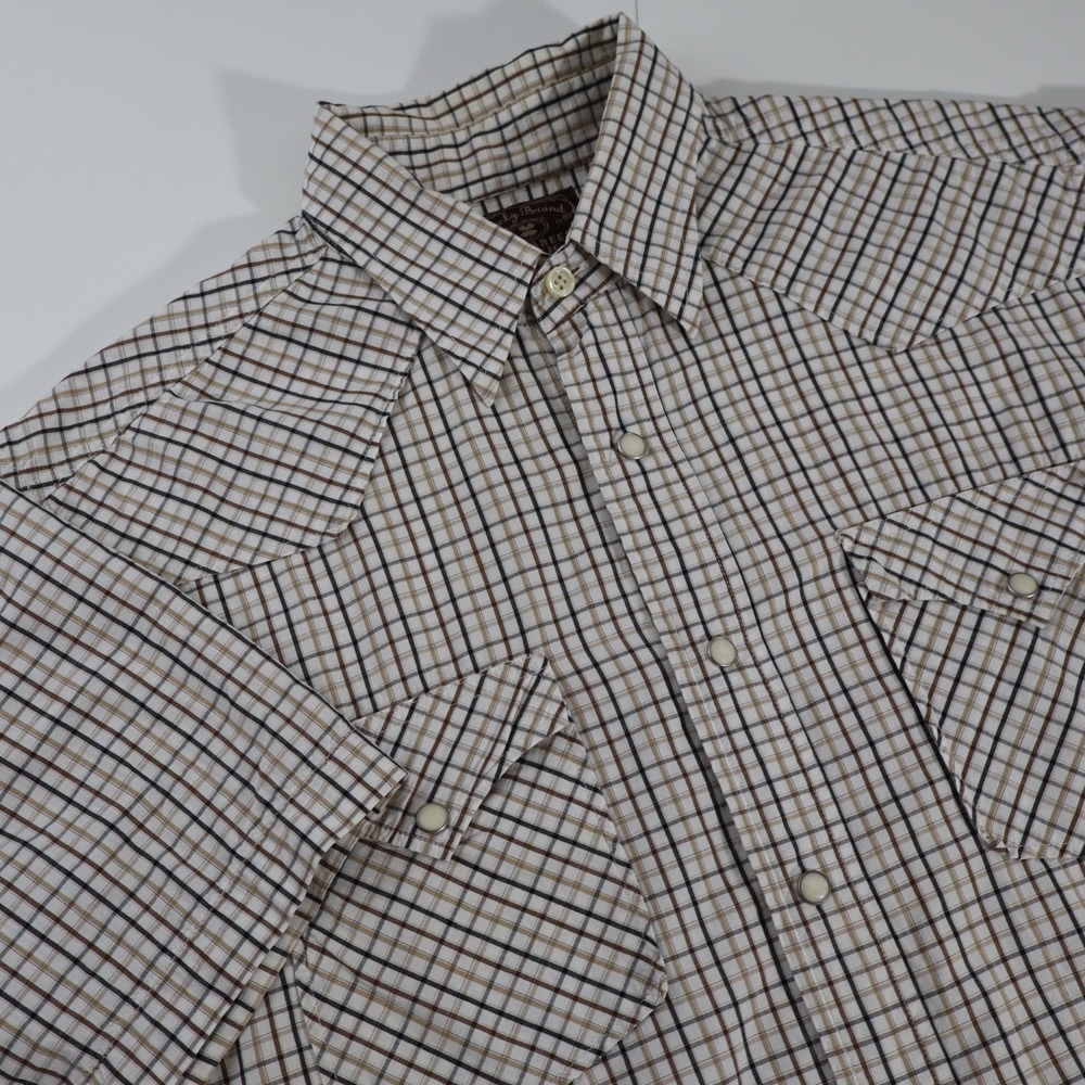 Lucky Brand Shirt Men M Tan Plaid Western Snap Button Up Short Sleeve Cotton